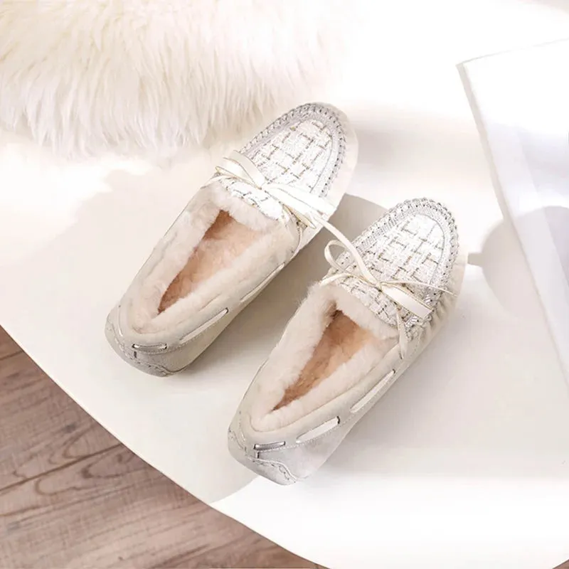 100% Natural Fur Women Shoes Soft Genuine Leather Moccasins Winter Mother Loafers Leisure Flats Female Driving Casual Footwear