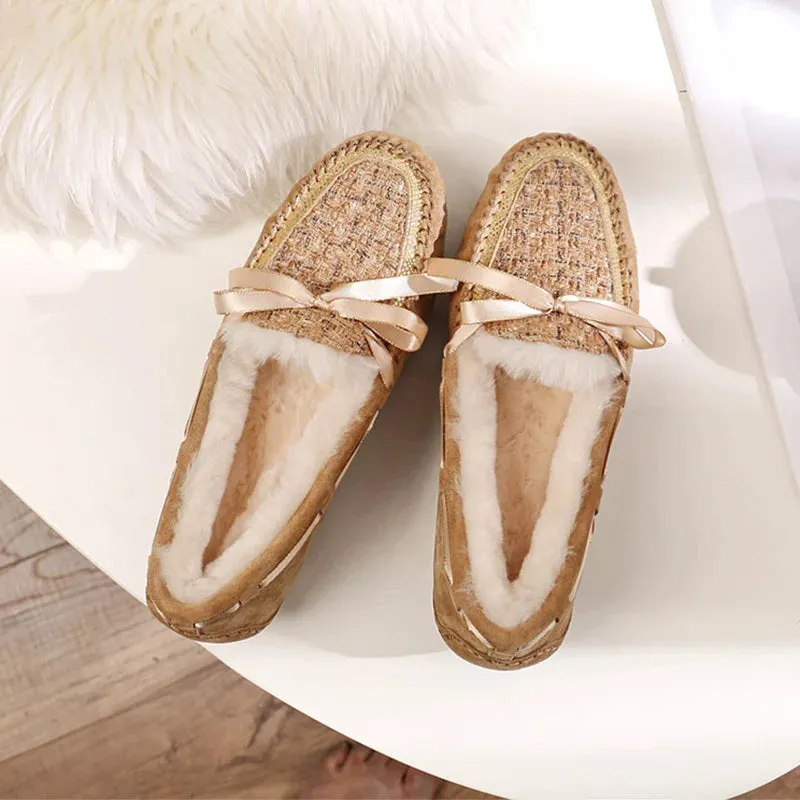 100% Natural Fur Women Shoes Soft Genuine Leather Moccasins Winter Mother Loafers Leisure Flats Female Driving Casual Footwear