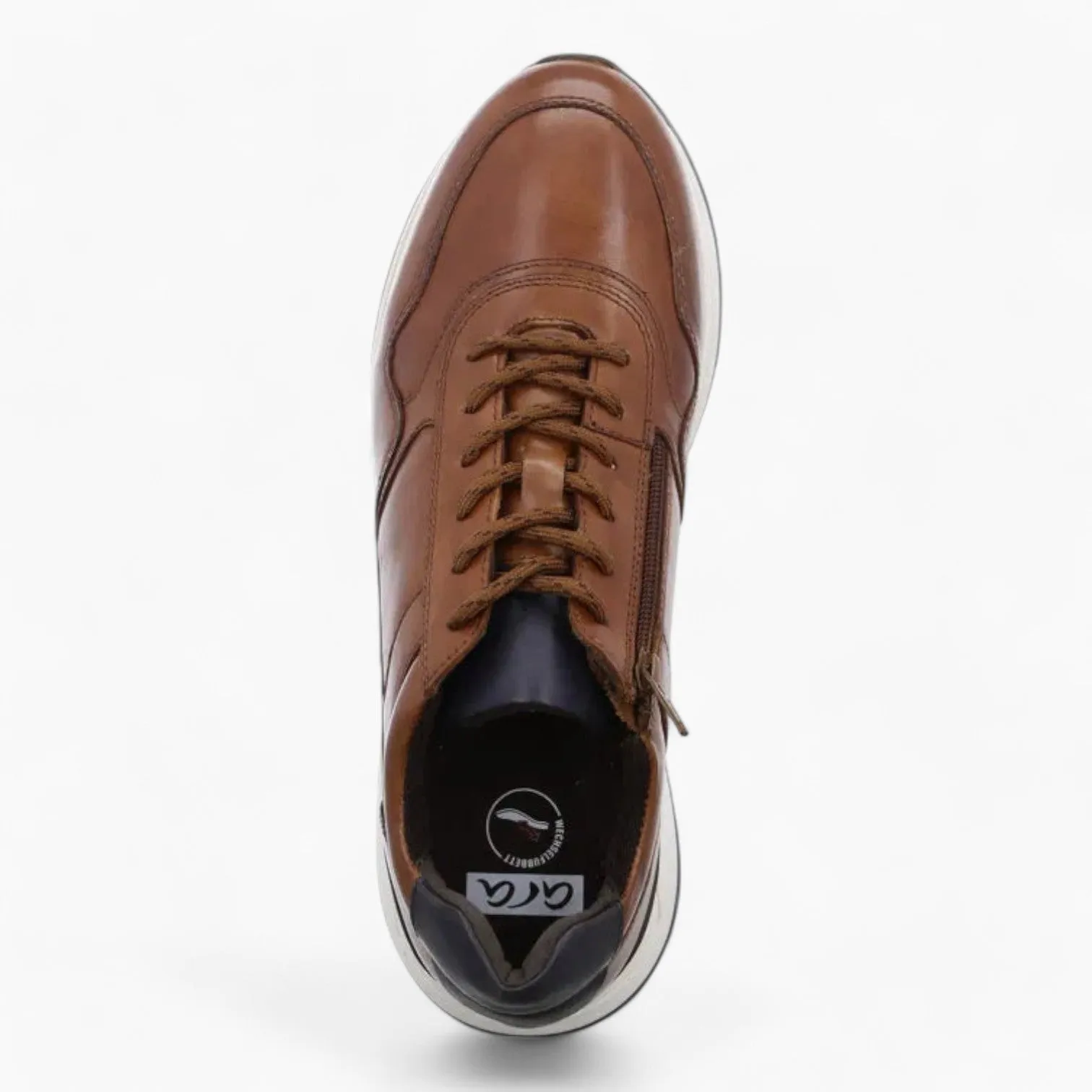 Ara Meo Cognac Men's Brown Leather Trainers – Wide Fit with Side Zip