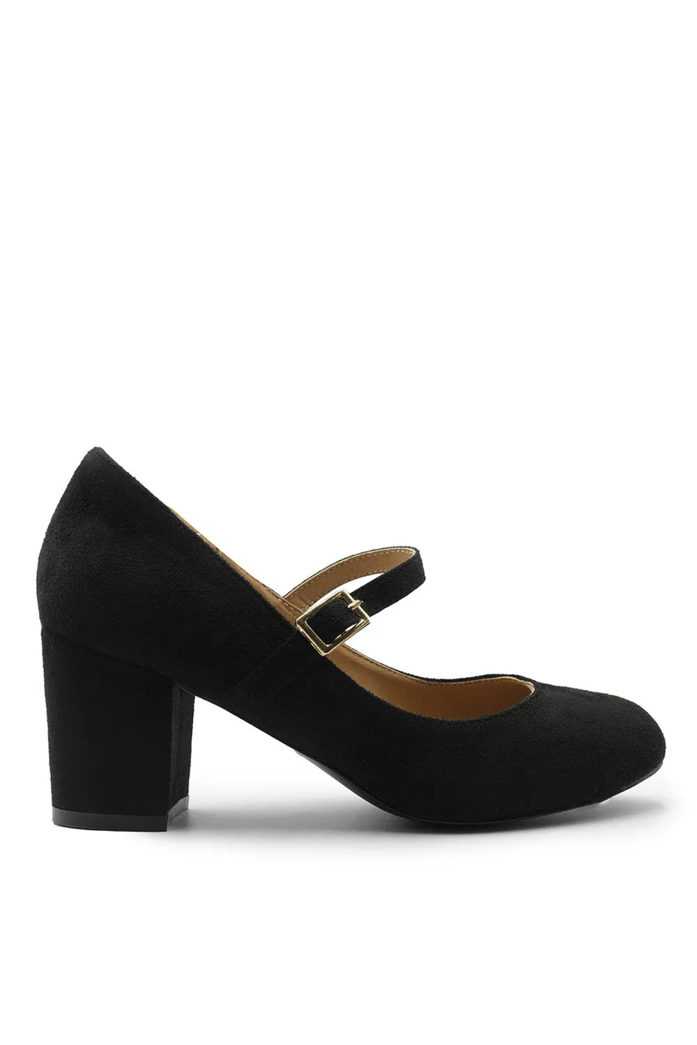 ARACELI BLOCK HEEL MARY JANE PUMPS IN BLACK FAUX SUEDE