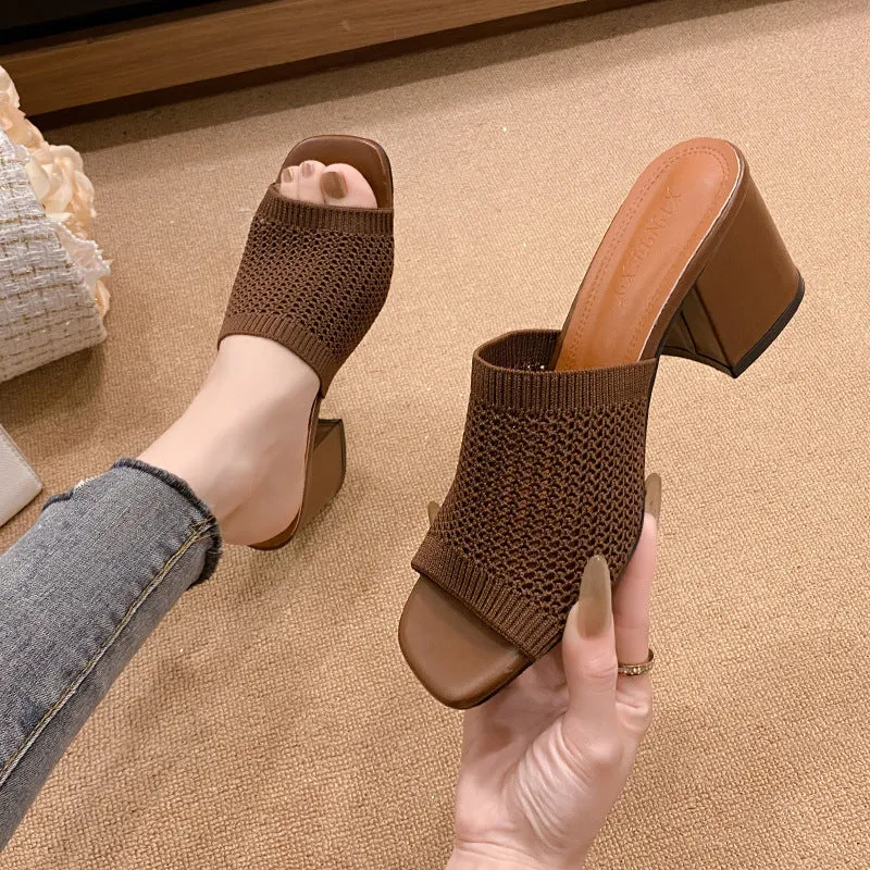 Chunky Block Heel Knit Sandals