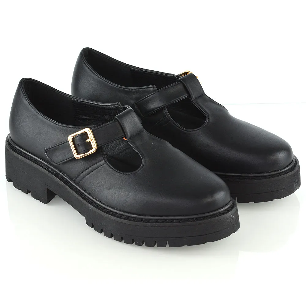 CLARABELLA BUCKLE T-STRAP DETAIL FLAT CHUNKY SOLE BROGUES IN BLACK SYNTHETIC LEATHER