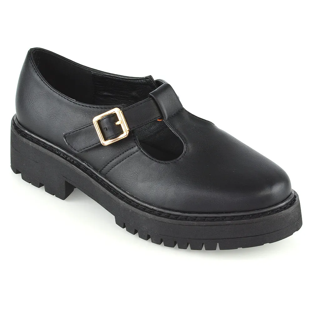 CLARABELLA BUCKLE T-STRAP DETAIL FLAT CHUNKY SOLE BROGUES IN BLACK SYNTHETIC LEATHER