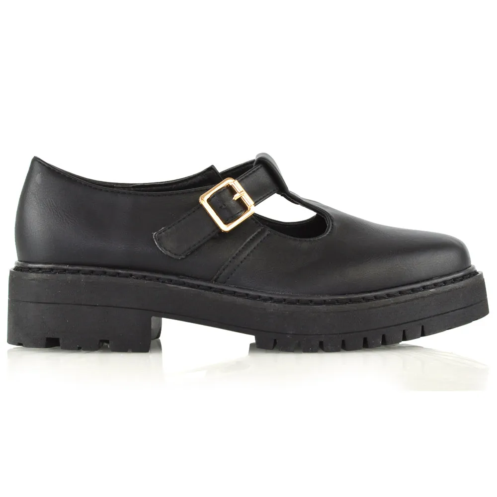 CLARABELLA BUCKLE T-STRAP DETAIL FLAT CHUNKY SOLE BROGUES IN BLACK SYNTHETIC LEATHER