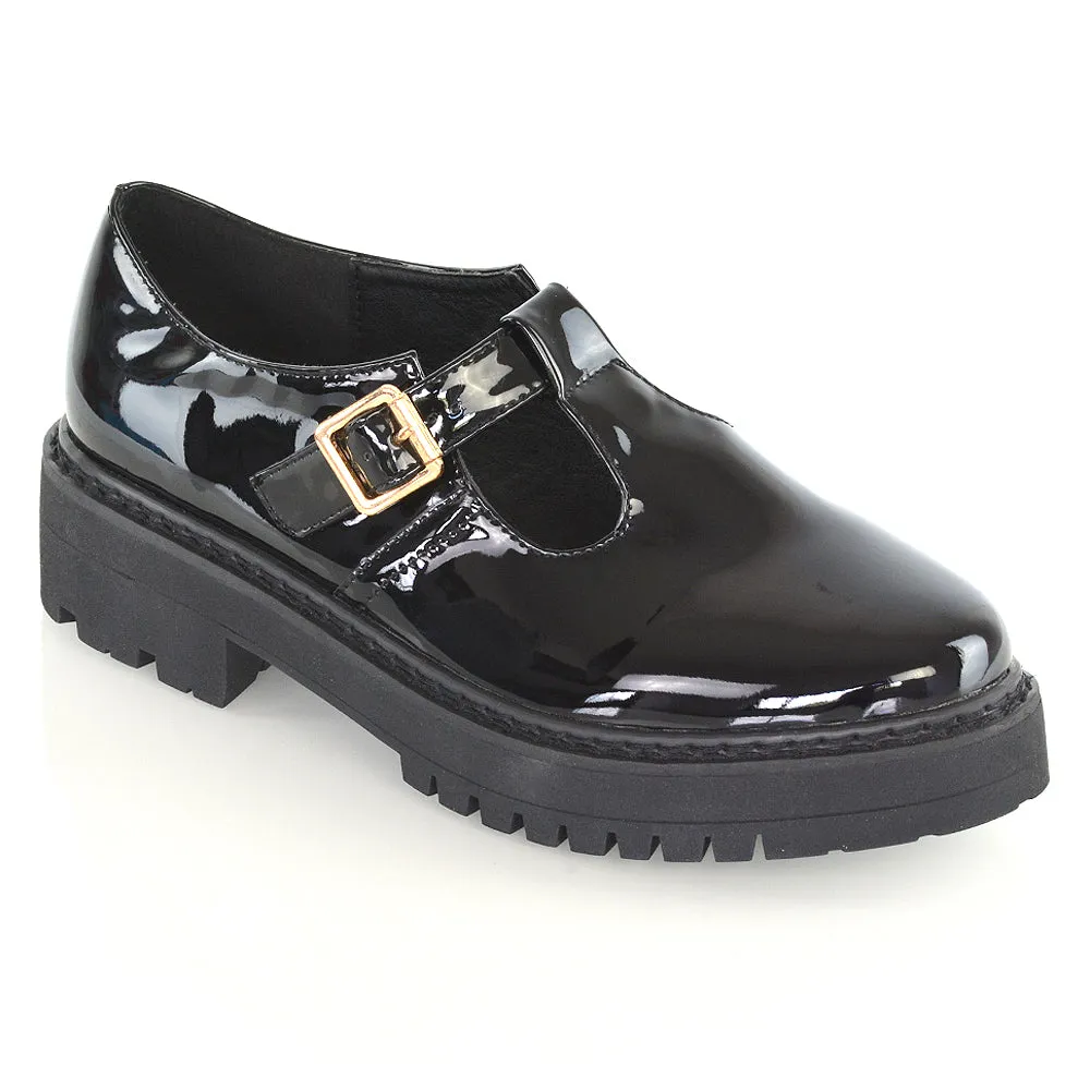 CLARABELLA BUCKLE T-STRAP DETAIL FLAT CHUNKY SOLE BROGUES IN BLACK SYNTHETIC LEATHER