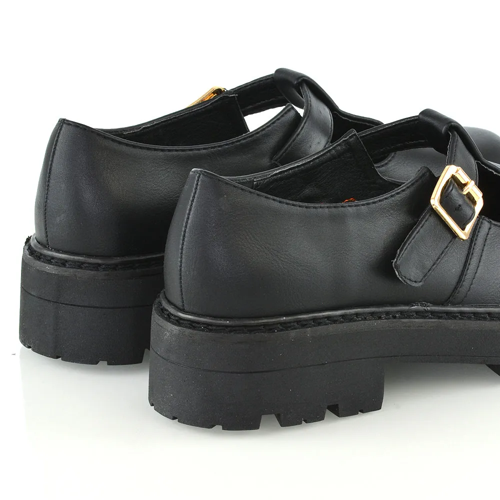 CLARABELLA BUCKLE T-STRAP DETAIL FLAT CHUNKY SOLE BROGUES IN BLACK SYNTHETIC LEATHER