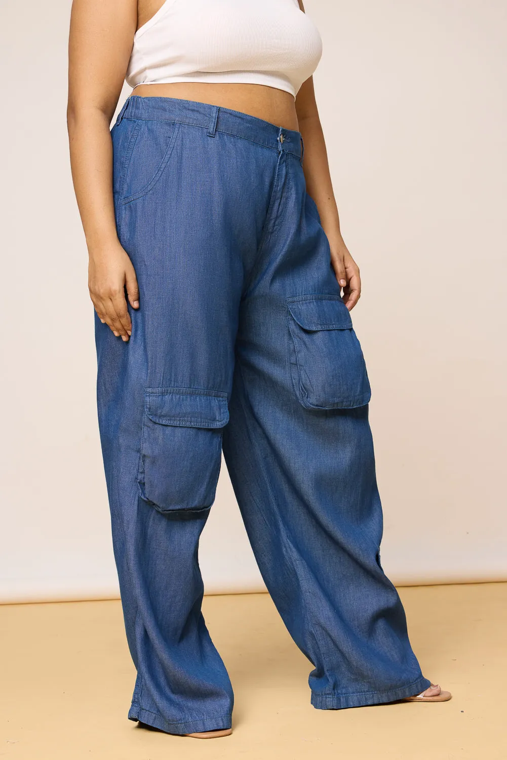 Curve Mid Blue Elastic Waist Cargo Denim Jeans