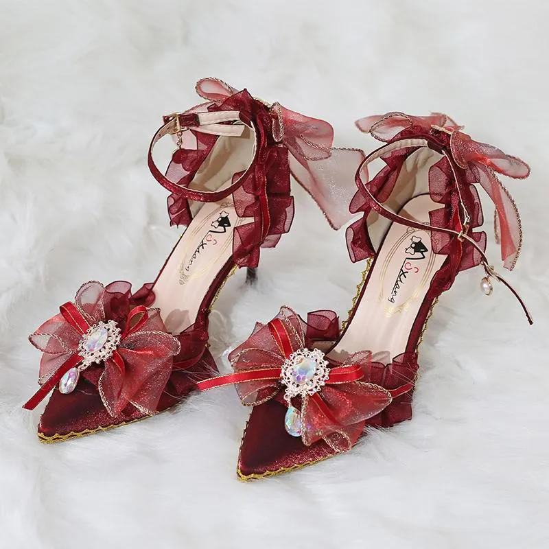 Elegant Wine Red Loli Shoes Retro Palace Tea Party Gorgeous Flowers Wedding High Heels Bride Cosplay Anime Princess Harajuku Cos