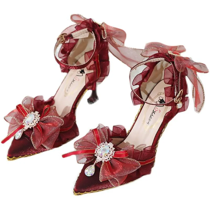 Elegant Wine Red Loli Shoes Retro Palace Tea Party Gorgeous Flowers Wedding High Heels Bride Cosplay Anime Princess Harajuku Cos