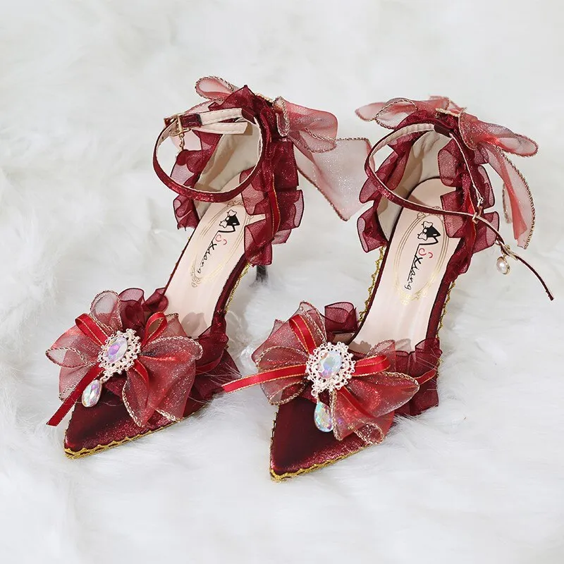 Elegant Wine Red Loli Shoes Retro Palace Tea Party Gorgeous Flowers Wedding High Heels Bride Cosplay Anime Princess Harajuku Cos