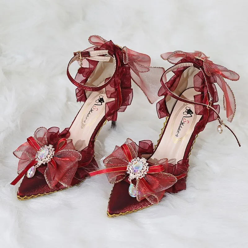 Elegant Wine Red Loli Shoes Retro Palace Tea Party Gorgeous Flowers Wedding High Heels Bride Cosplay Anime Princess Harajuku Cos