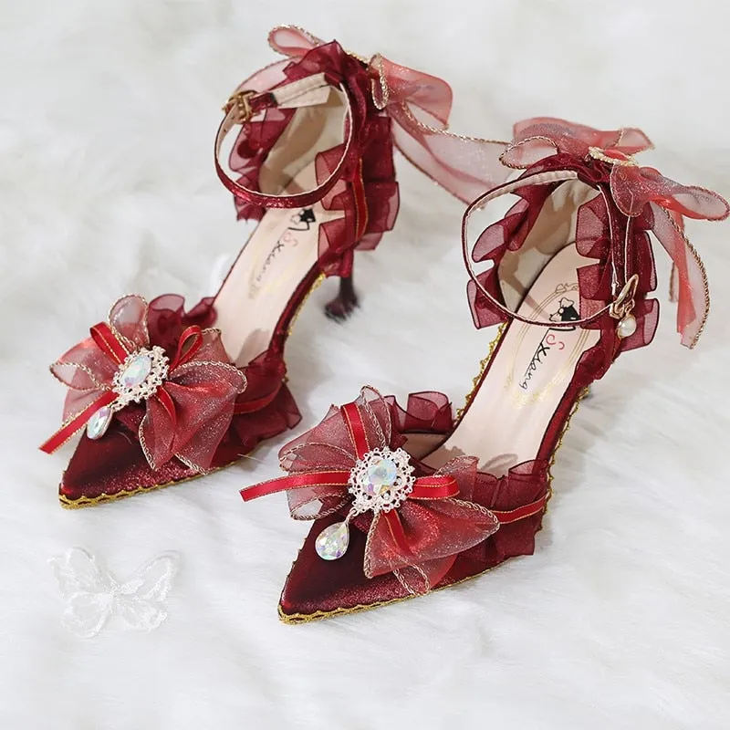 Elegant Wine Red Loli Shoes Retro Palace Tea Party Gorgeous Flowers Wedding High Heels Bride Cosplay Anime Princess Harajuku Cos