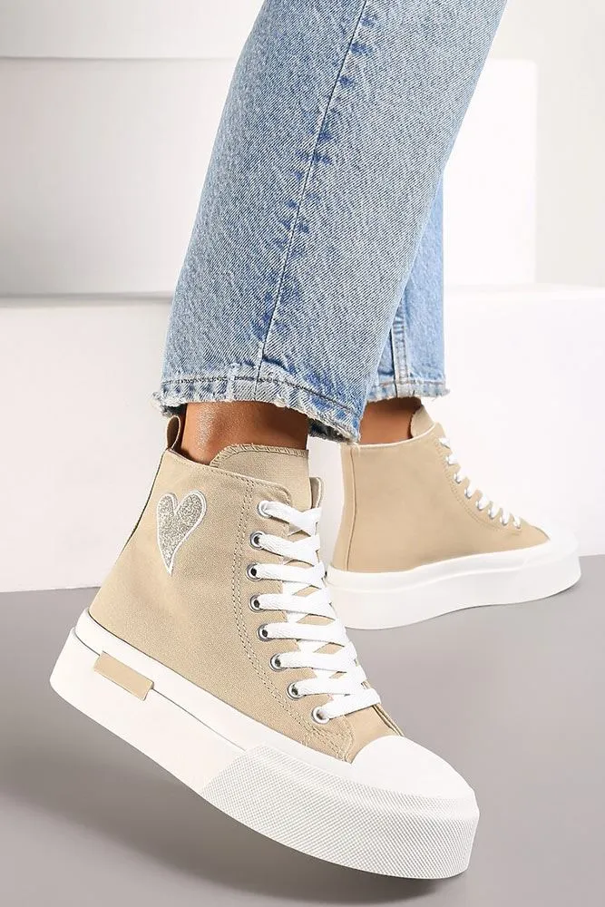 Glitter Heart Canvas High Ankle Lace Up Sneakers