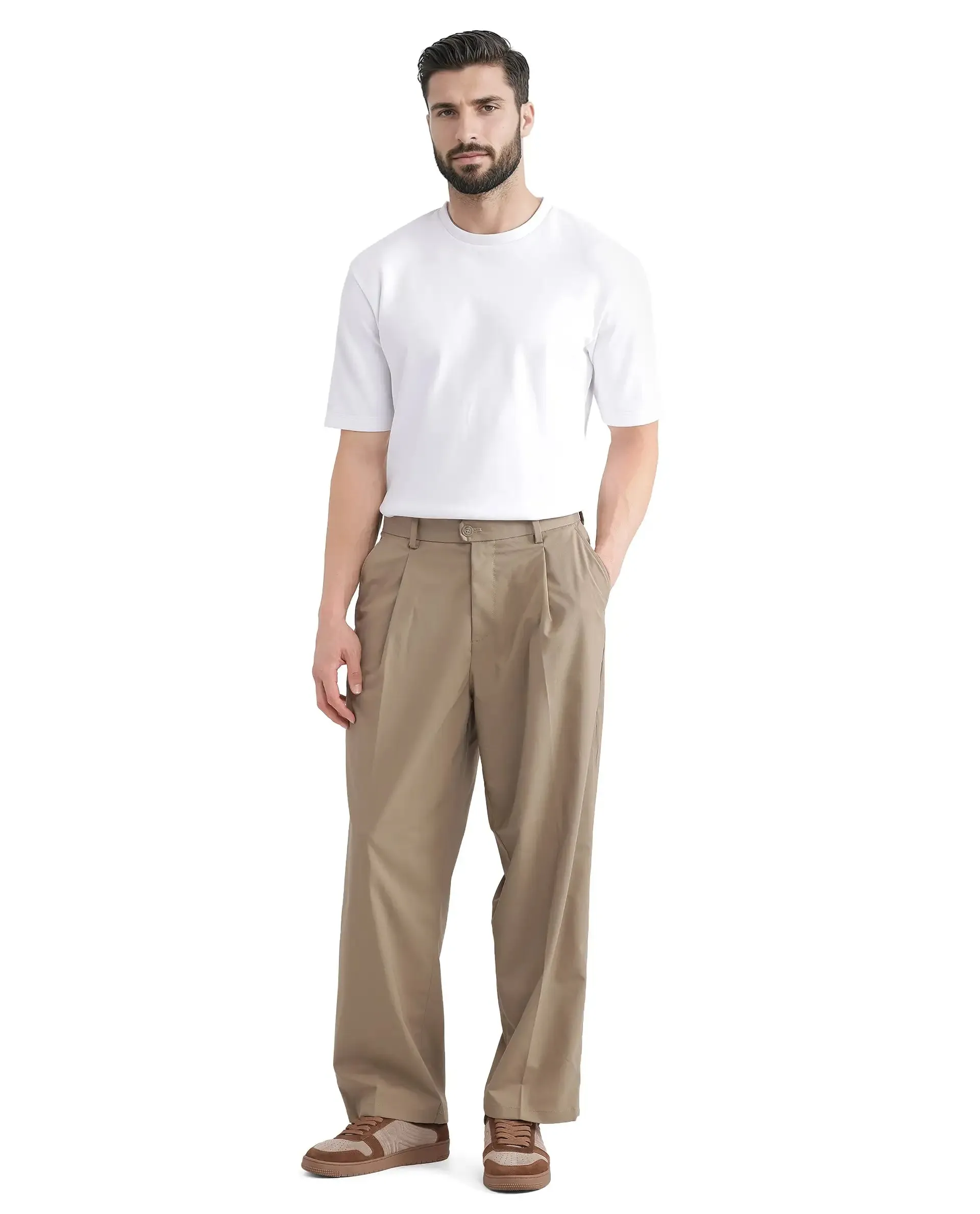 Rare Rabbit Men's Brelint Khaki Cotton Blend Fabric Plain Trouser