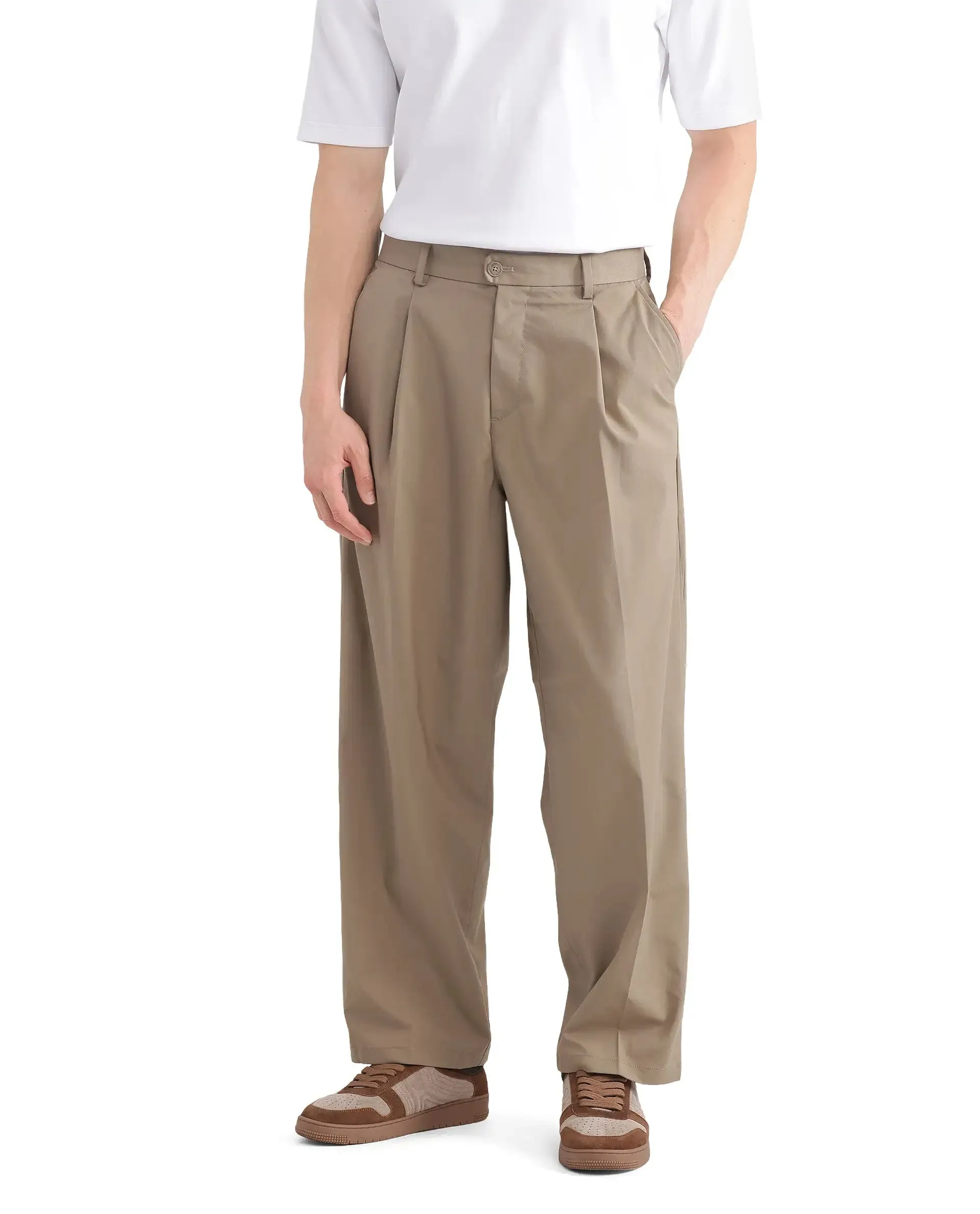 Rare Rabbit Men's Brelint Khaki Cotton Blend Fabric Plain Trouser