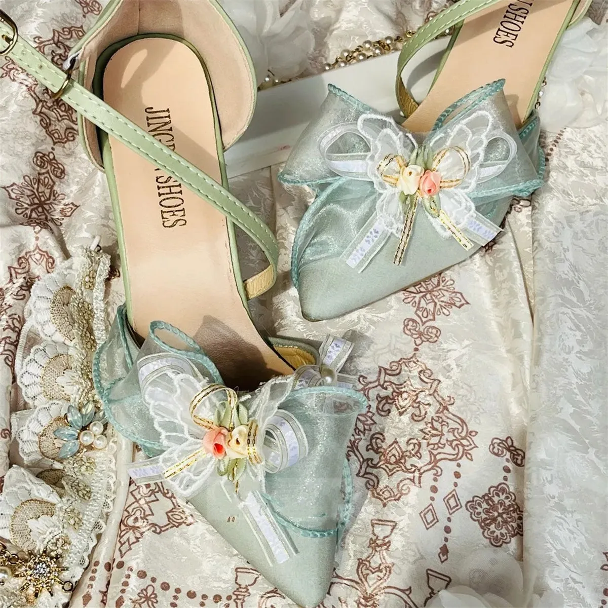 Retro Pastoral Style Sweet Lolita Cosplay Elegant Girl Tea Party Flower Pearl Print Ribbon Bow Tie Green 6.5cm High Heels Shoes