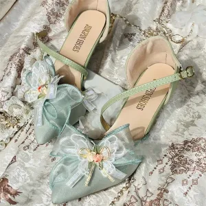 Retro Pastoral Style Sweet Lolita Cosplay Elegant Girl Tea Party Flower Pearl Print Ribbon Bow Tie Green 6.5cm High Heels Shoes