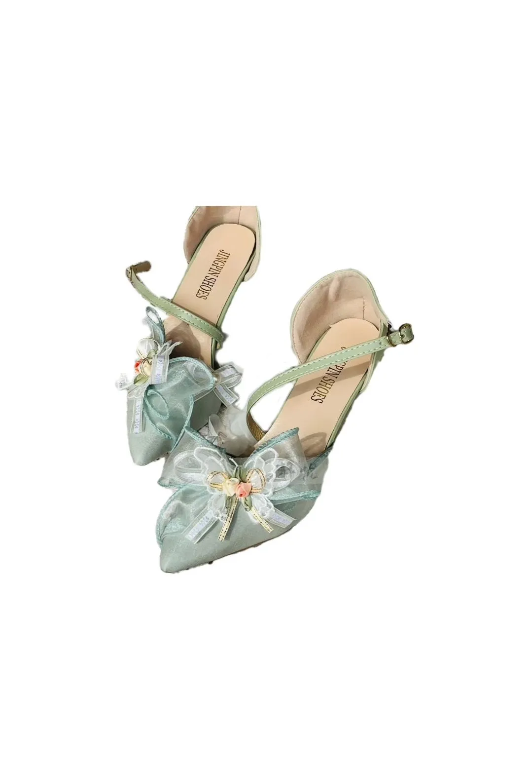 Retro Pastoral Style Sweet Lolita Cosplay Elegant Girl Tea Party Flower Pearl Print Ribbon Bow Tie Green 6.5cm High Heels Shoes