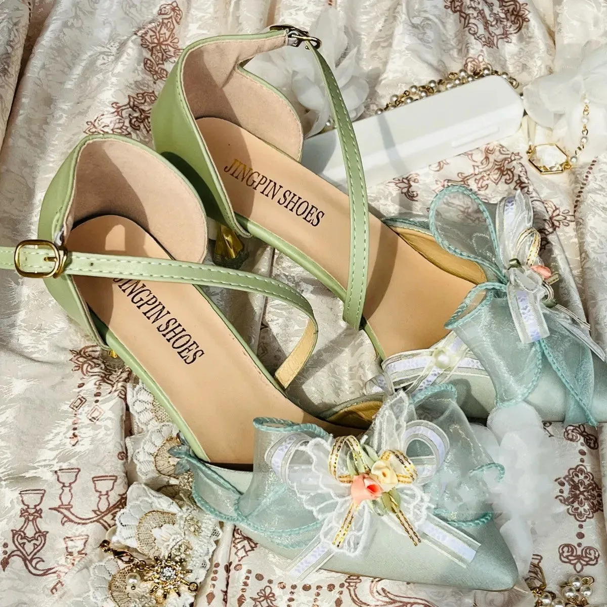 Retro Pastoral Style Sweet Lolita Cosplay Elegant Girl Tea Party Flower Pearl Print Ribbon Bow Tie Green 6.5cm High Heels Shoes