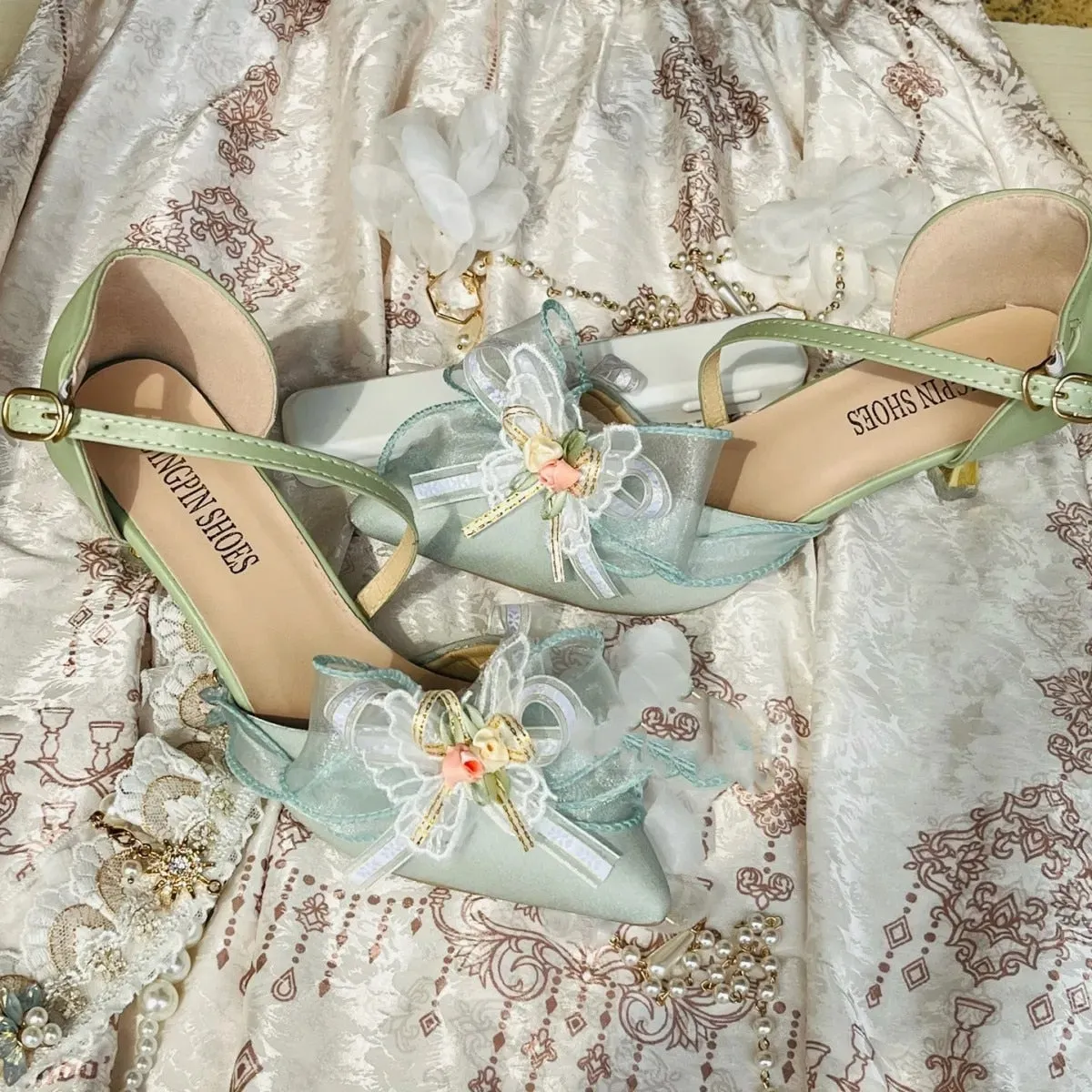 Retro Pastoral Style Sweet Lolita Cosplay Elegant Girl Tea Party Flower Pearl Print Ribbon Bow Tie Green 6.5cm High Heels Shoes