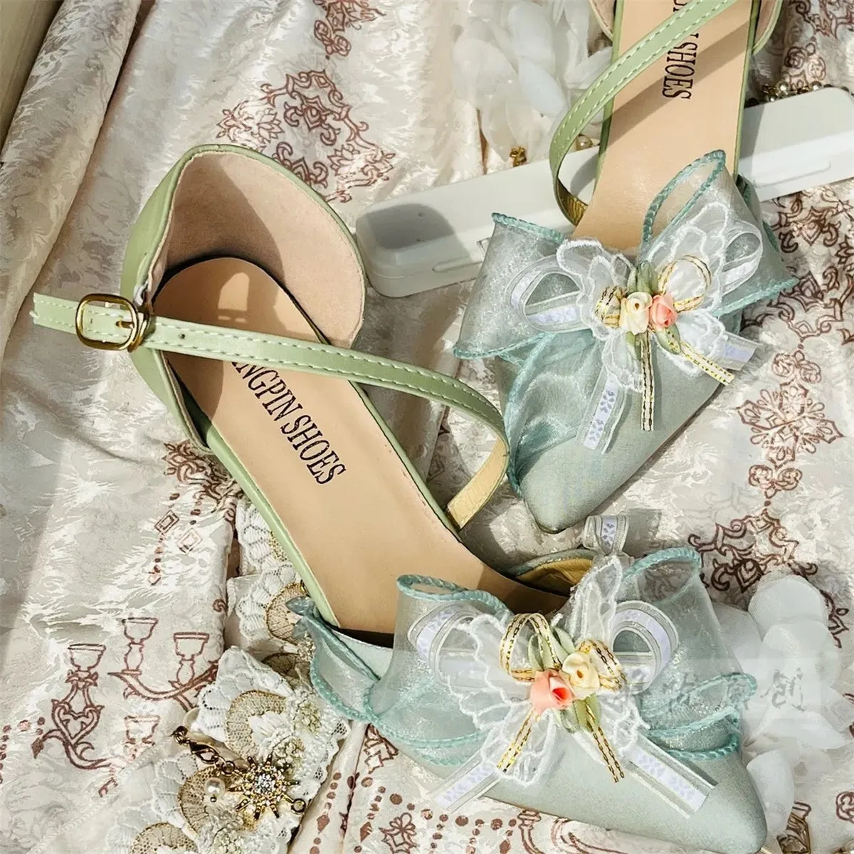 Retro Pastoral Style Sweet Lolita Cosplay Elegant Girl Tea Party Flower Pearl Print Ribbon Bow Tie Green 6.5cm High Heels Shoes