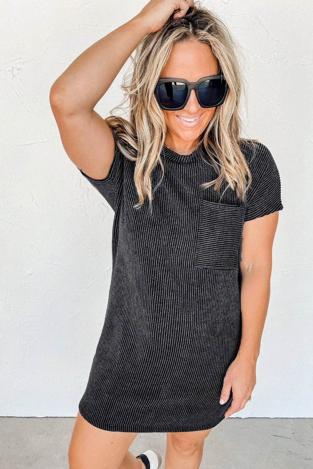 Ribbed Knit Textured Pocket T Shirt Mini Dress