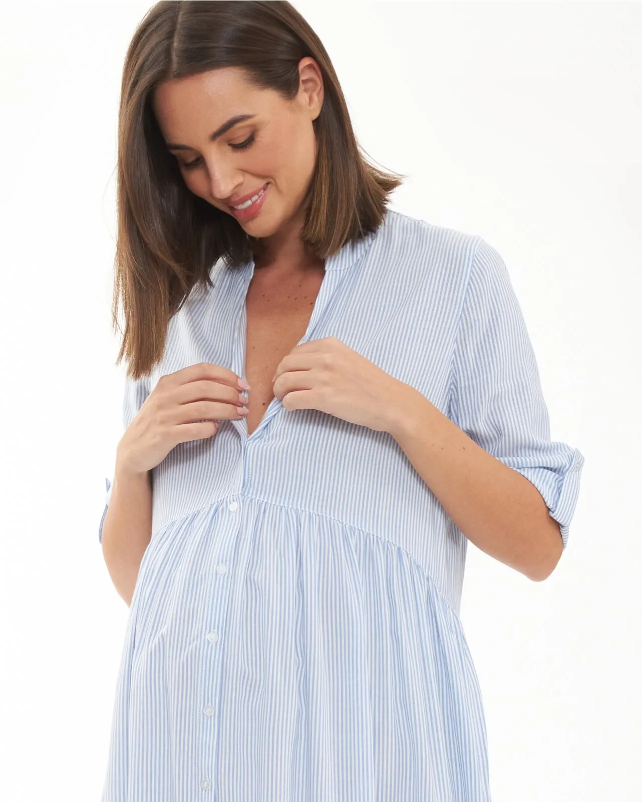 Sam Stripe Maternity/Nursing Dress- Sky Blue/White