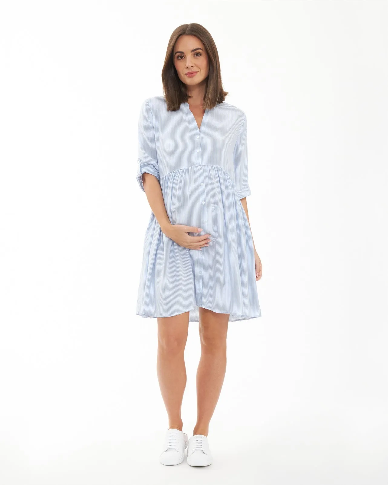 Sam Stripe Maternity/Nursing Dress- Sky Blue/White