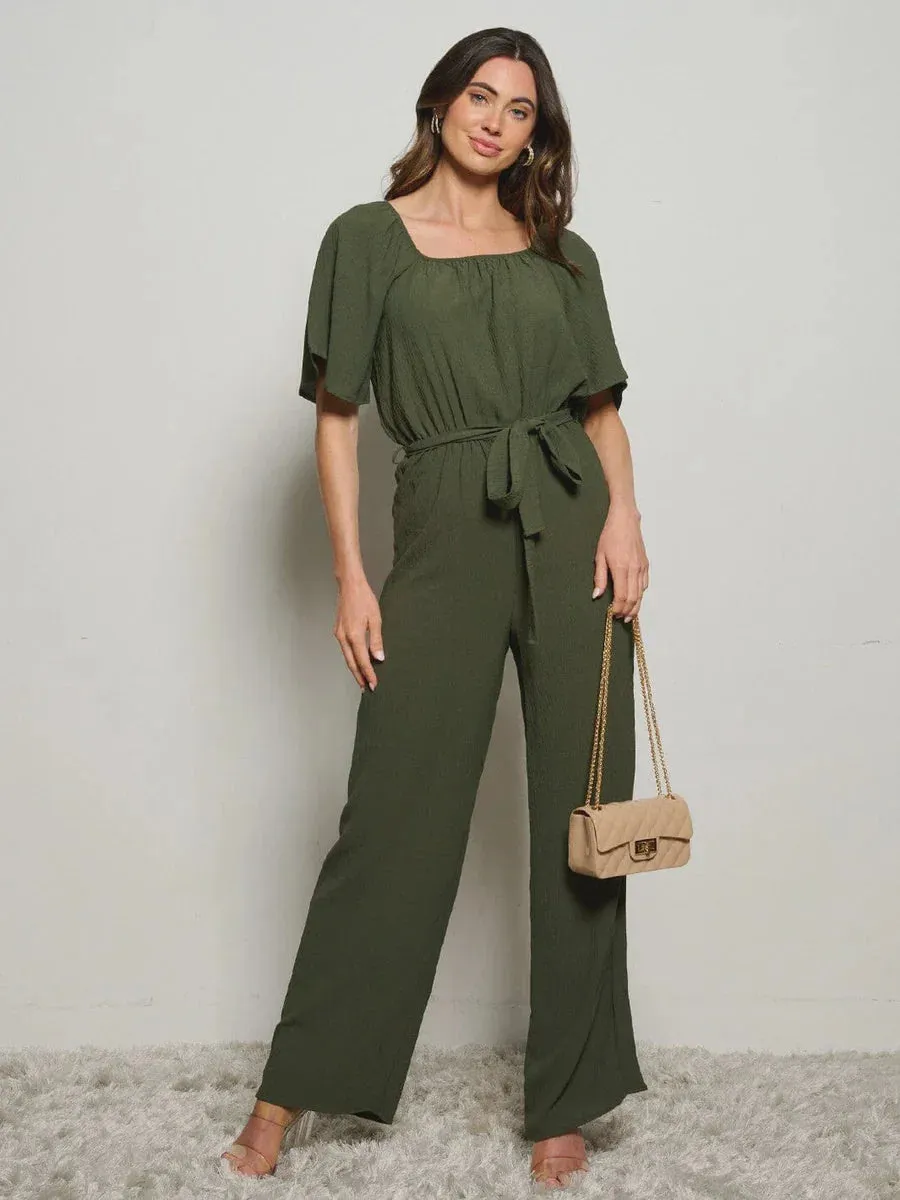 SHORT SLEEVE SELF TIE WIDE LEG JUMPSUIT