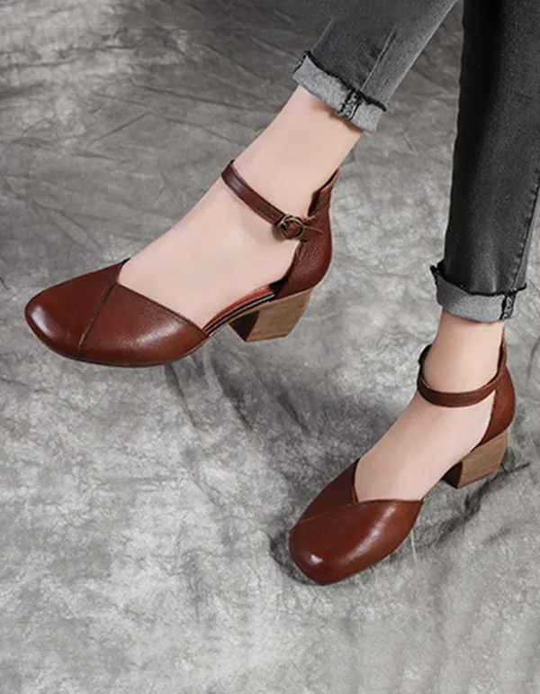 Simple Leather Buckle Middle Heel Chunky Pumps