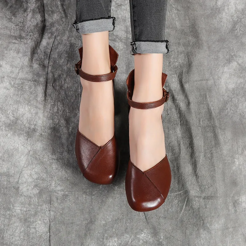 Simple Leather Buckle Middle Heel Chunky Pumps