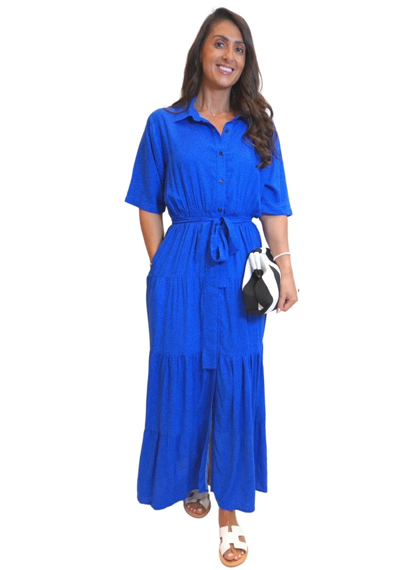 The Tiered Shirt Dress - Royal Drops