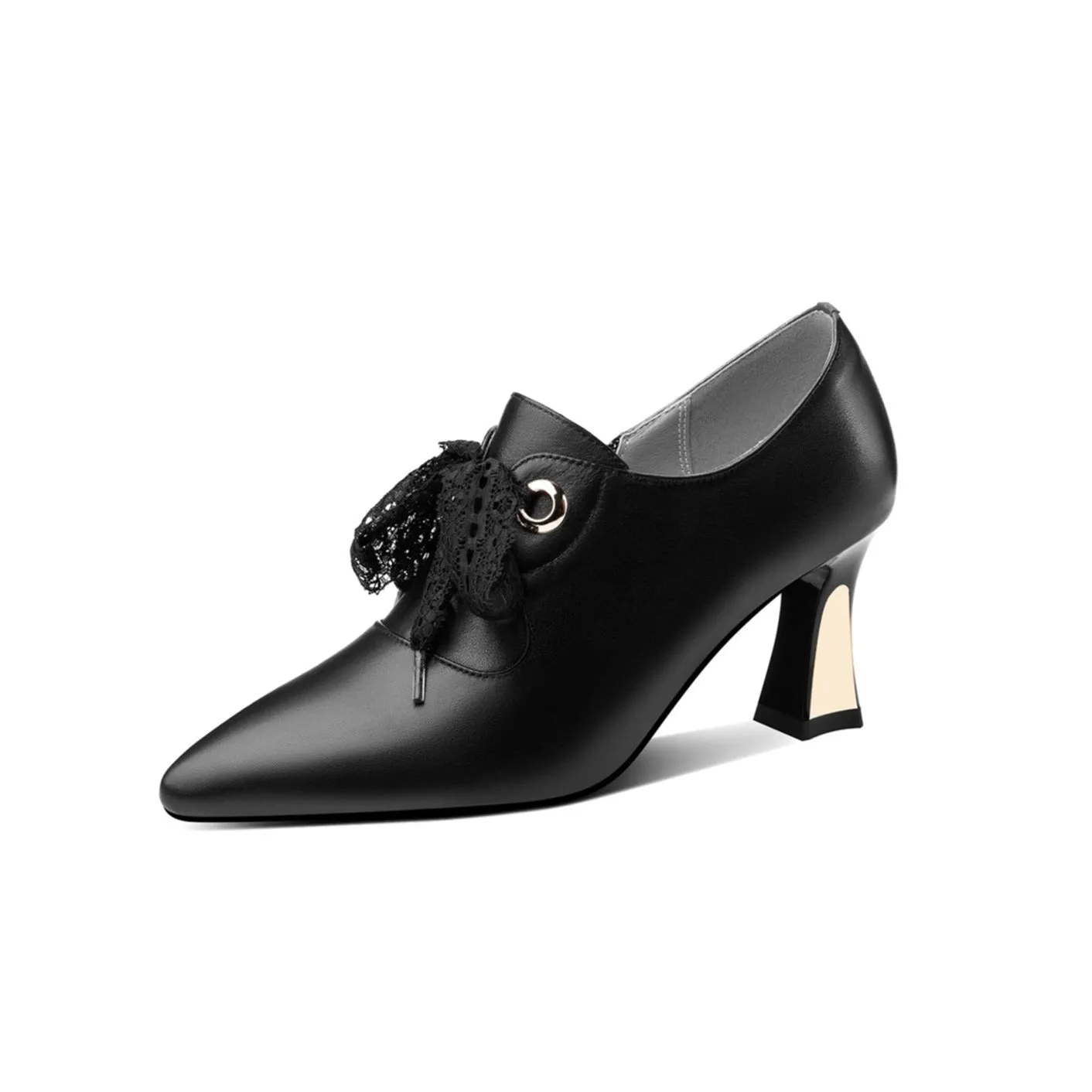 TinaCus Genuine Leather Women's Handmade Pointed Toe Elegant Bowtie Spool Heel Pumps with Side Zipper