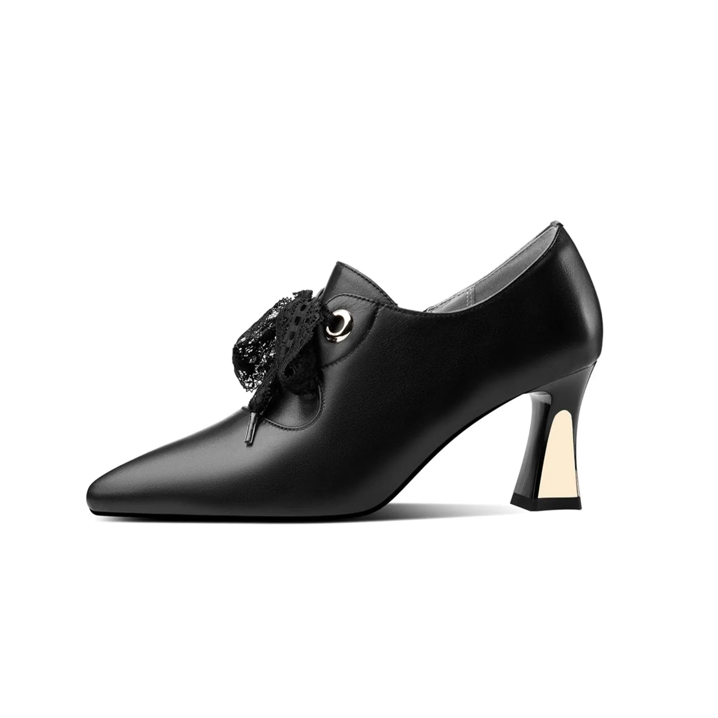 TinaCus Genuine Leather Women's Handmade Pointed Toe Elegant Bowtie Spool Heel Pumps with Side Zipper