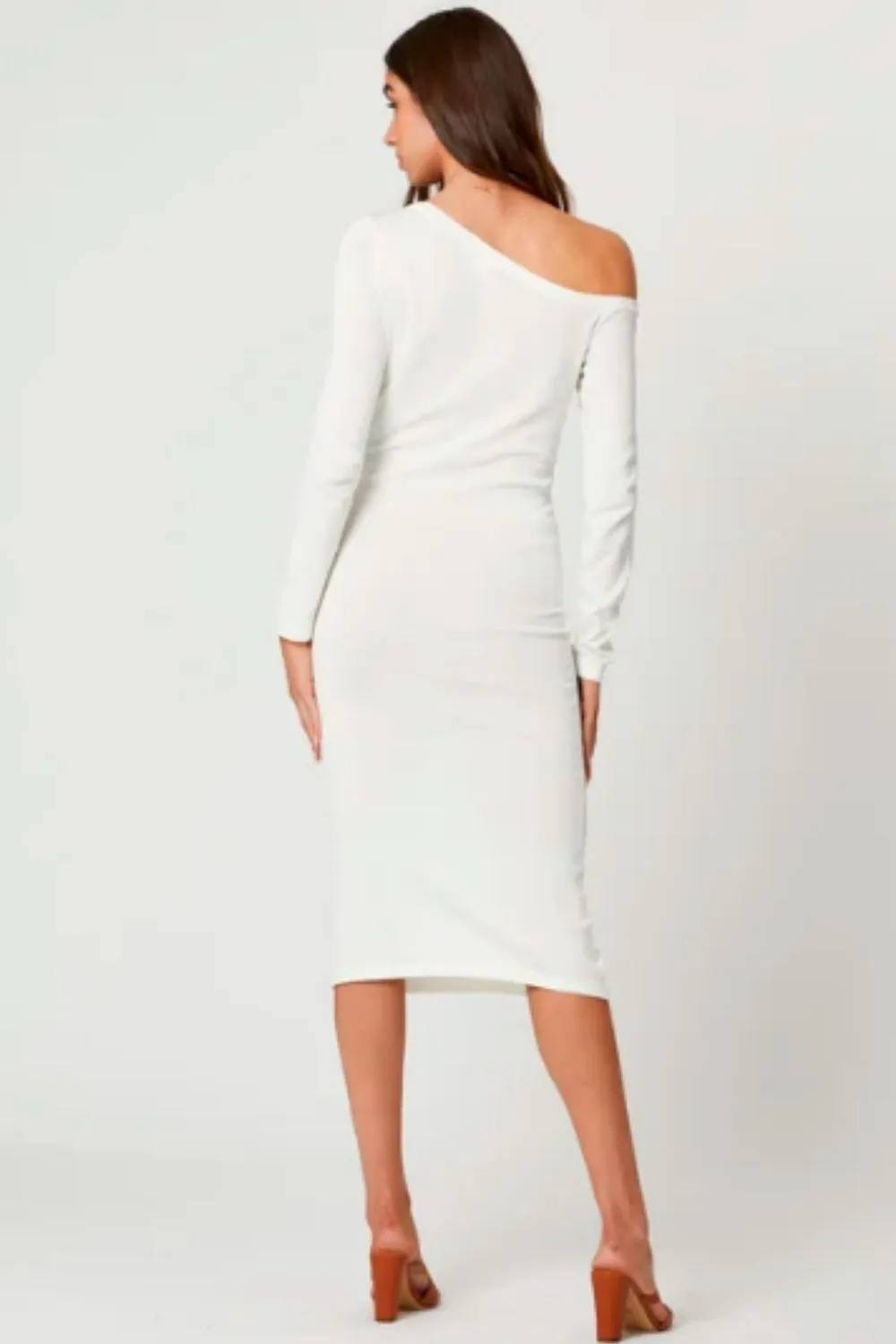 White Long Sleeve Press Button Midi Bodycon