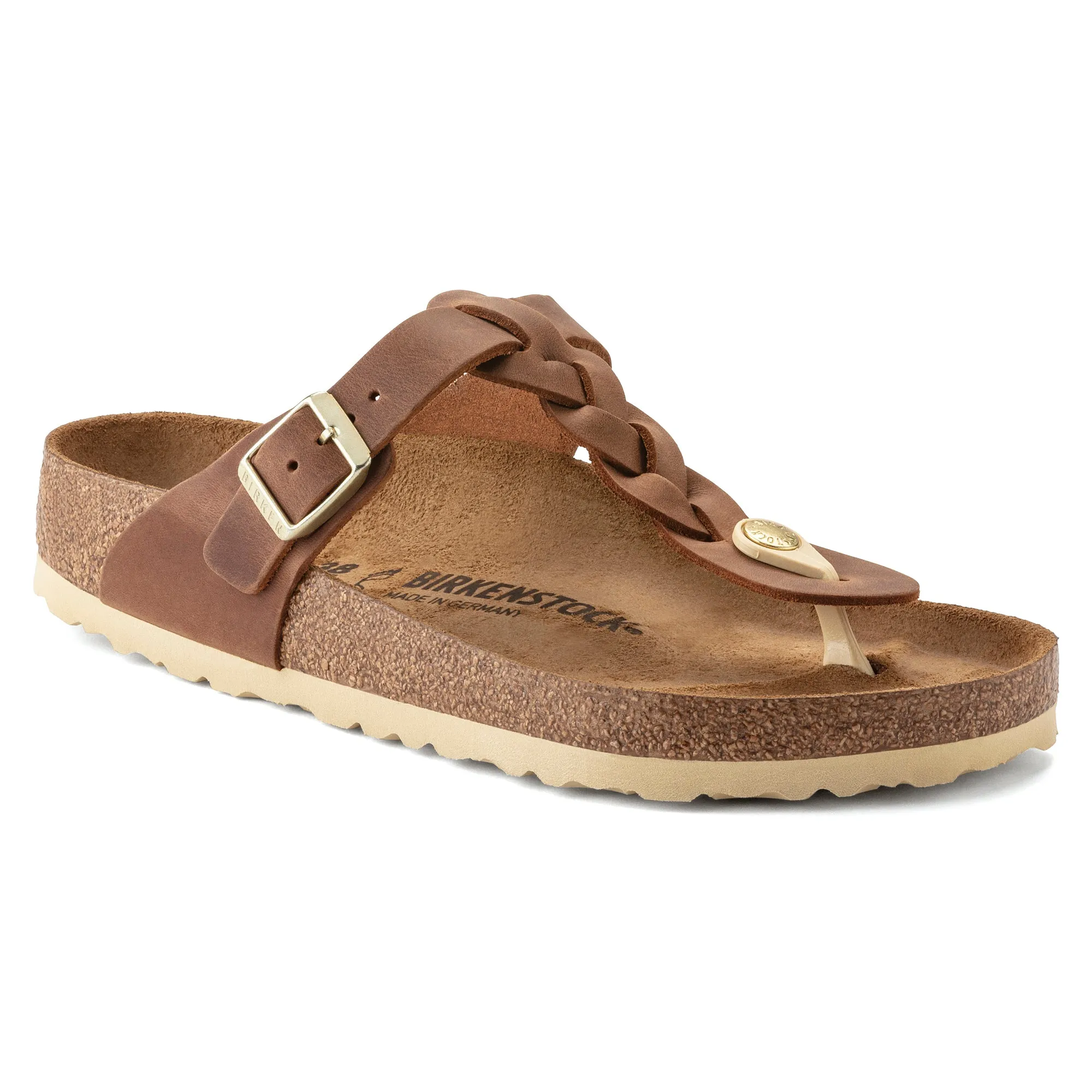 Women's Birkenstock Gizeh Braid Oiled Leather Color: Cognac