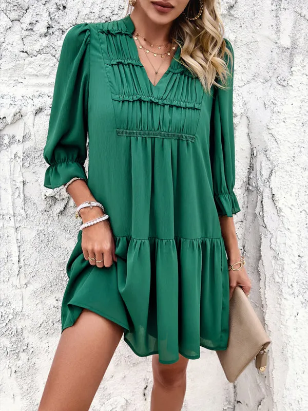 Women's V-Neck Mid Sleeve Flowy Above The Knee Dress