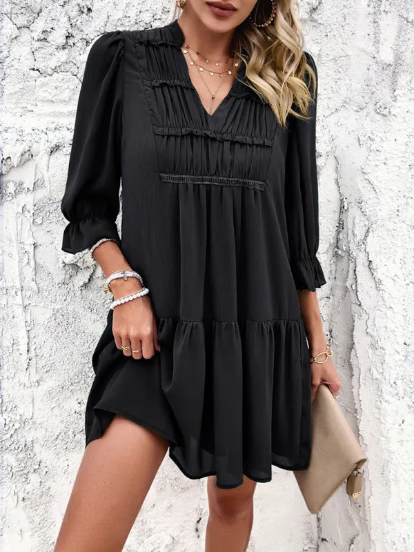 Women's V-Neck Mid Sleeve Flowy Above The Knee Dress